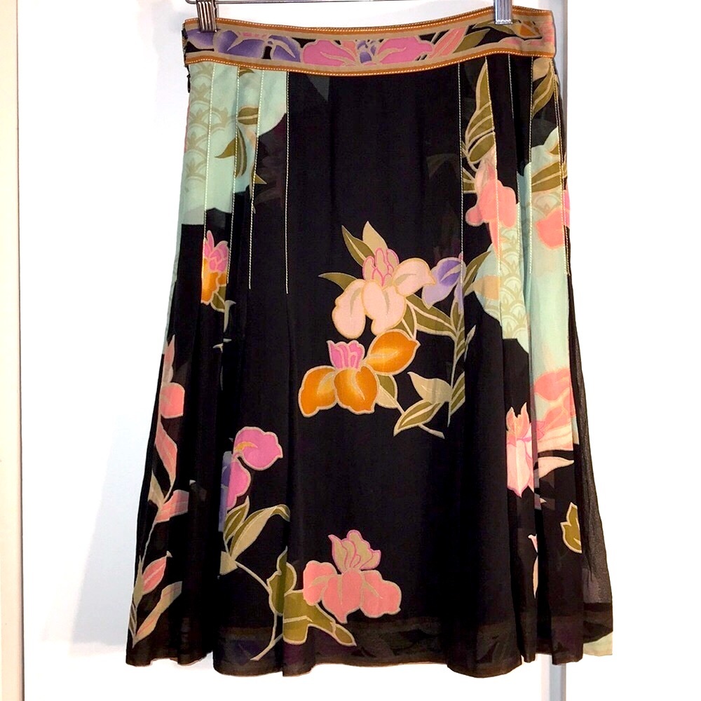 Vintage Black Floral Midi Skirt with Pink, Orange & Mint Floral Accents pleats